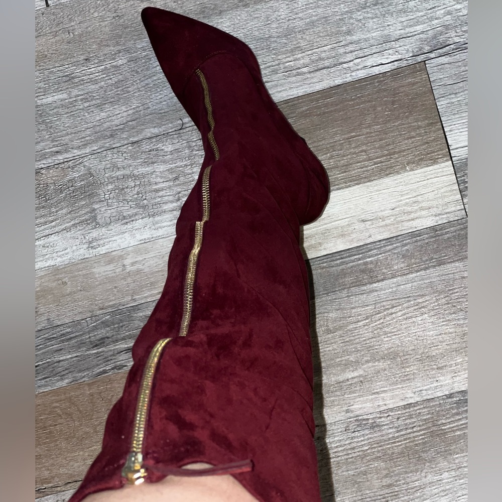 Red high leg pointed toe heel with gold zipper